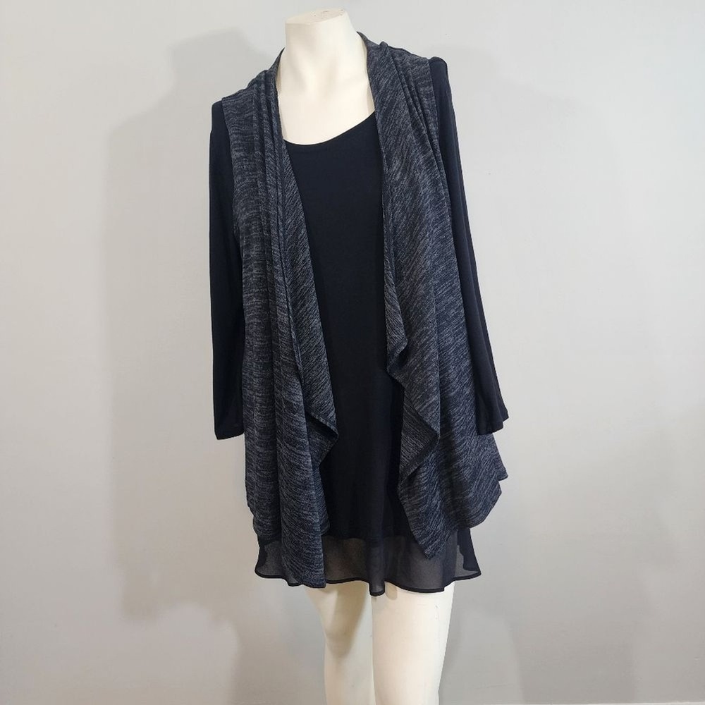 LOGO Lori‎ Goldstein Black Gray Layered Tunic Top Sheer Hem Long Sleeve Large